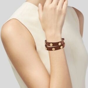 Tory Burch Brown Leather Double Wrap Bracelet with Gold Logo Studs